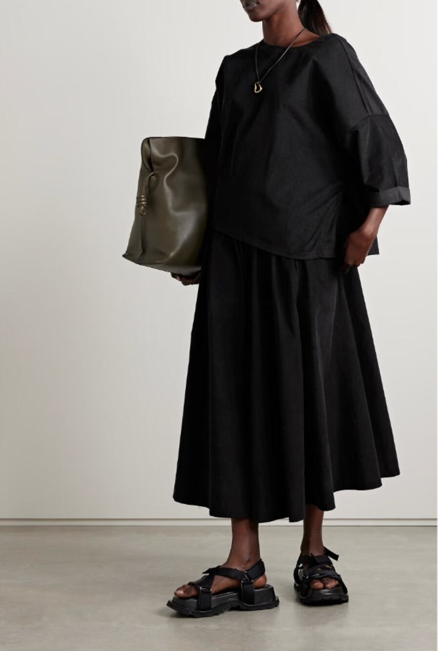 Suzie Kondi Kyria Skirt Womens L Black Pleated Cotton-Corduroy A-line Midi